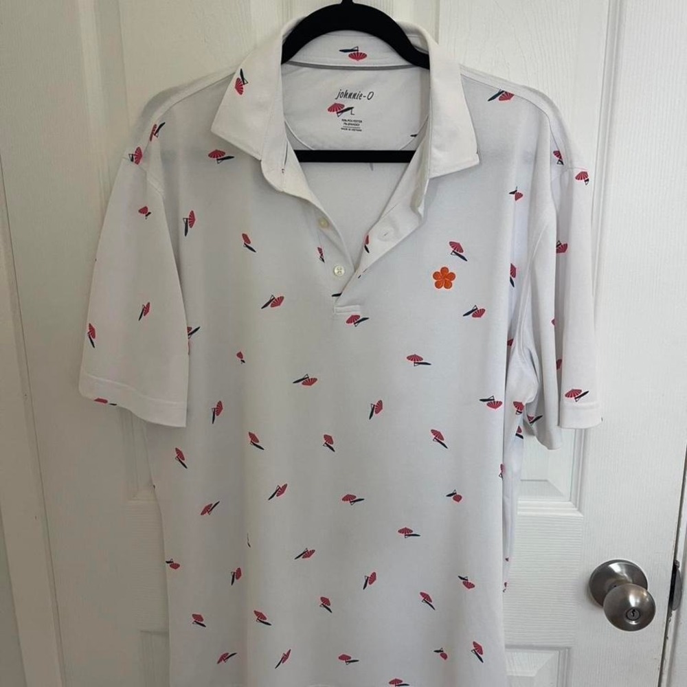 Johnnie O  White polo shirt‎ with pink and orange decor